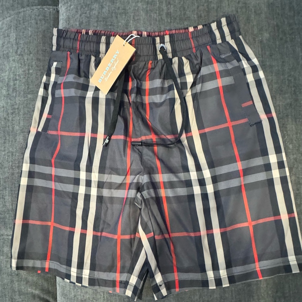 Burberry Gray and Red Plaid Swim Trunks